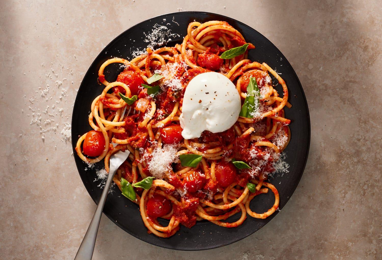 Miso tomato pasta topped with burrata